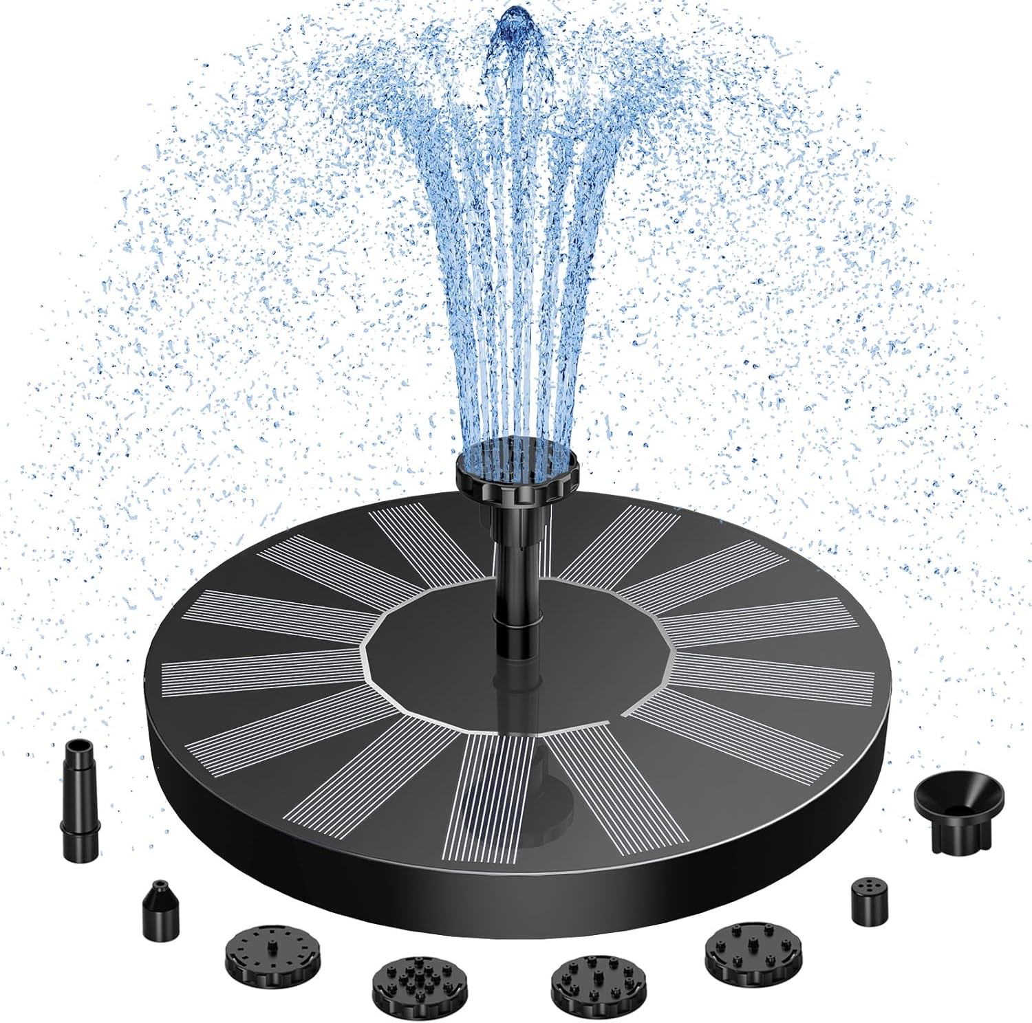 AISITIN 1.5W floating solar fountain throwing a tall spray in a bird bath