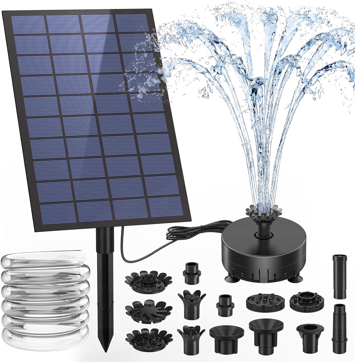 AISITIN 7W solar fountain panel on its adjustable stand beside a pond