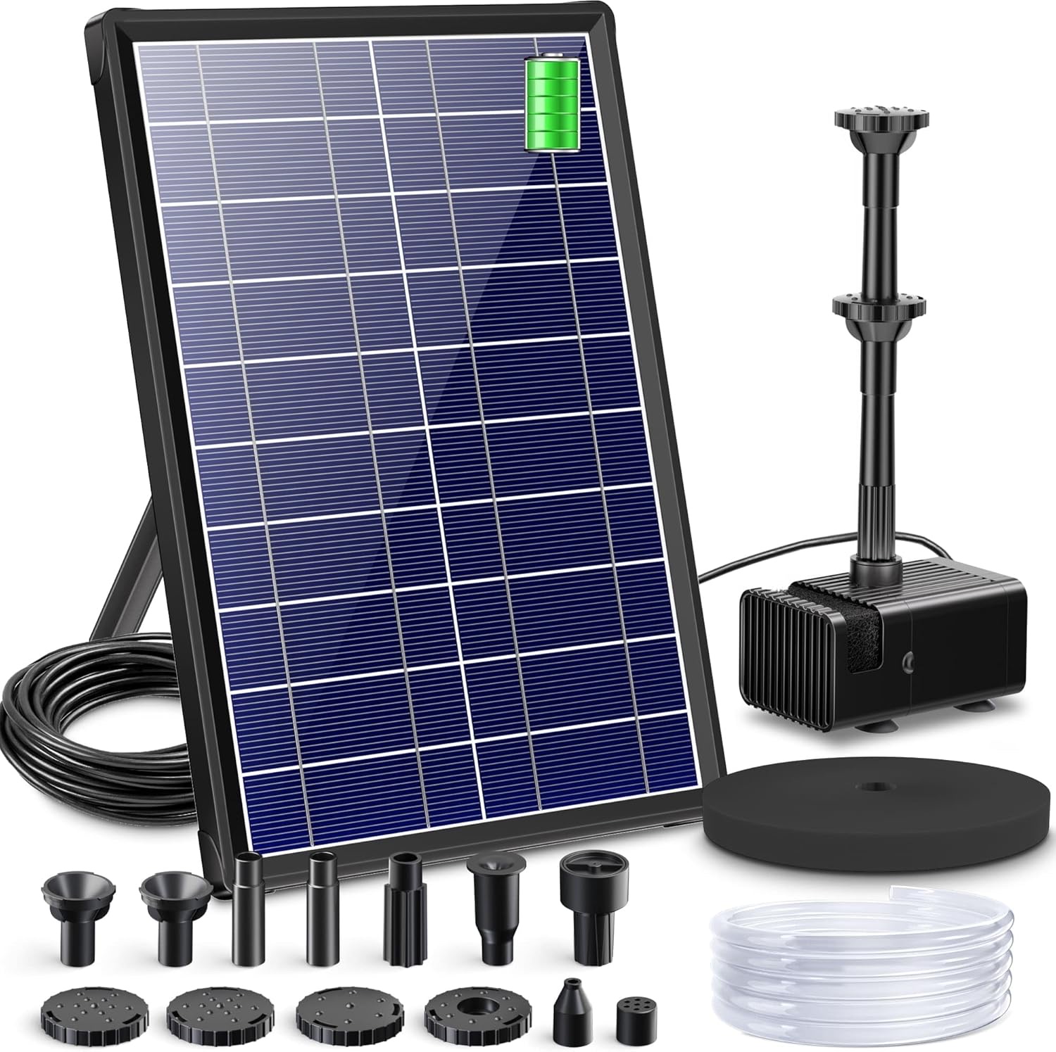 Sunspring solar water fountain kit with panel, pump and nozzles for a garden pond