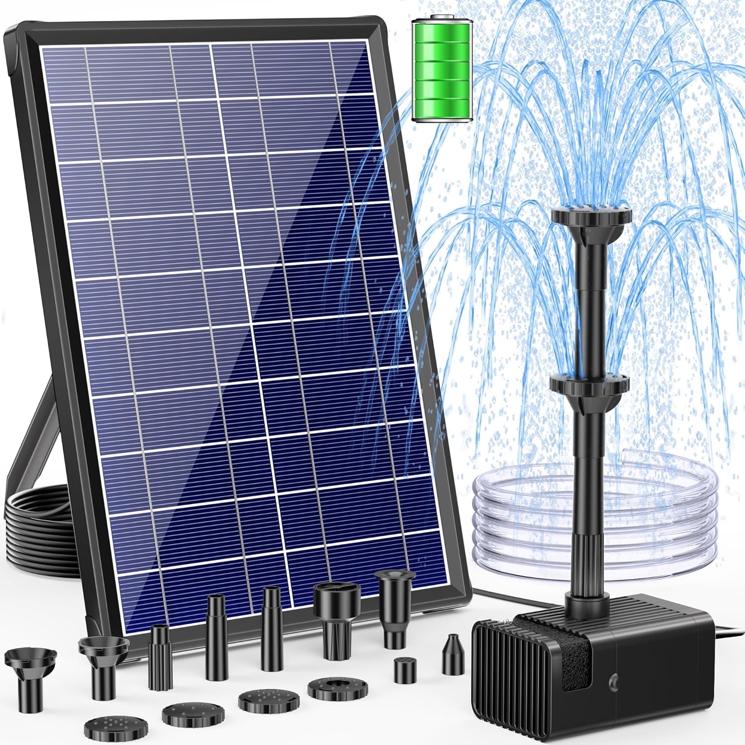 POPOSOAP 8W solar fountain running a gentle low spray in a bird bath