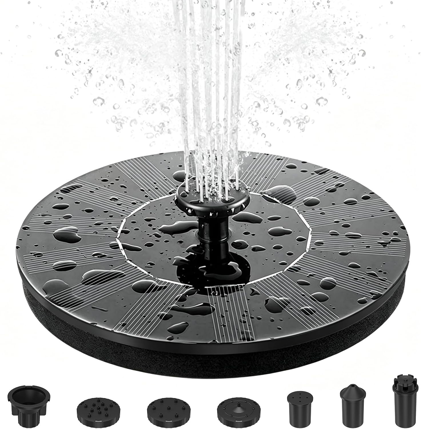 Senders compact floating solar fountain spraying in a small bird bath
