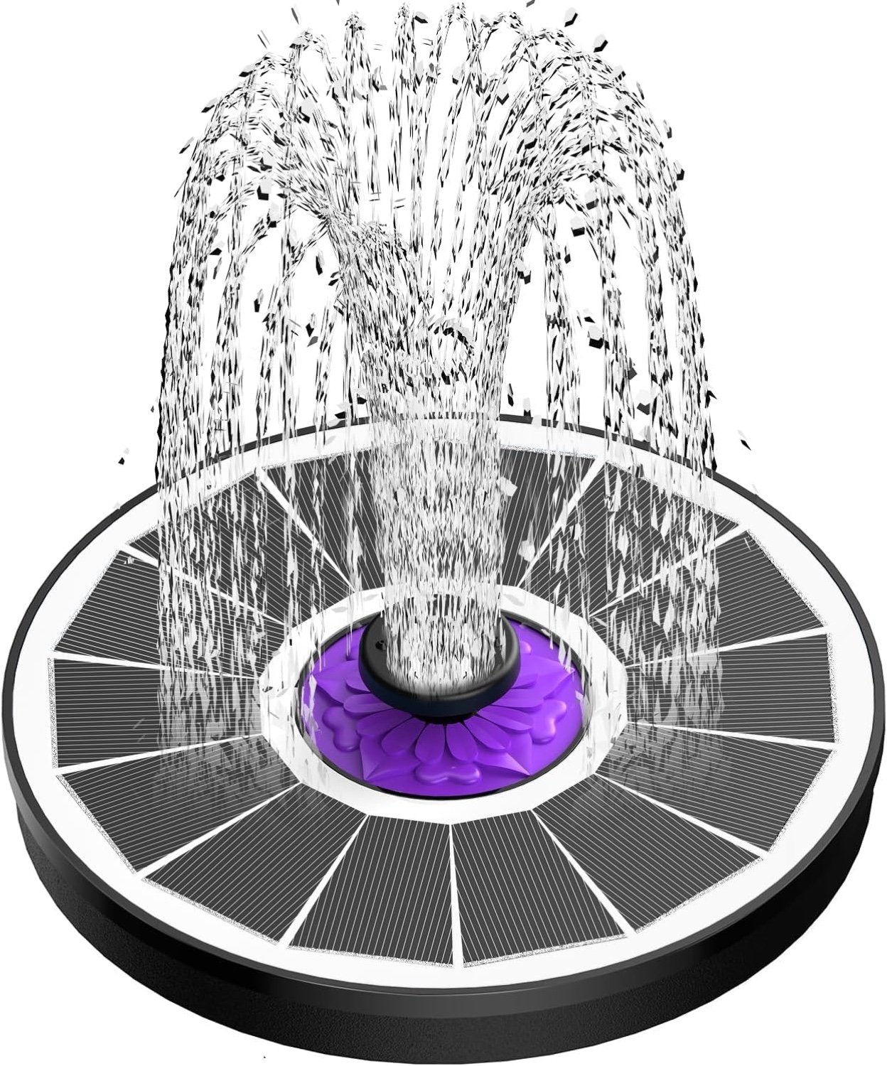 SZMP anti-drift solar fountain centred in a stone bird bath spraying water